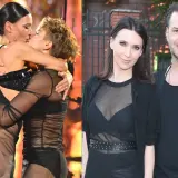 Janja Lesar z partnerem i dwie kobiety w czarnych strojach podczas występu.