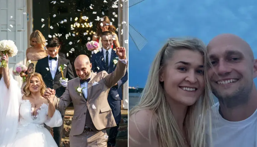 Klaudia i jej wybranek, rolnik szuka żony, świętują ślub. W tle widać wiatrak i niebo.