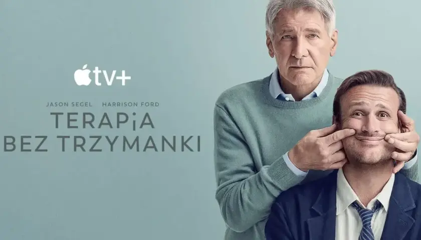 Harrison Ford pomaga Jasonowi Segelowi uśmiechnąć się w plakacie serialu "Terapia bez trzymanki".