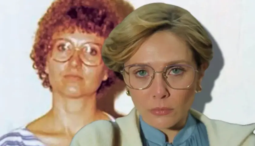 Elizabeth Olsen jako Candy Montgomery w serialu "Miłość i śmierć". W tle oryginalne zdjęcie Montgomery.