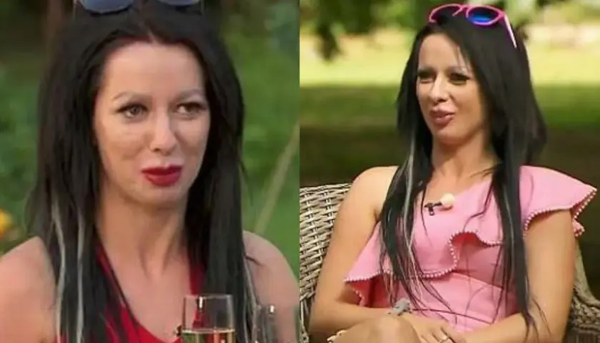 Jessica, rolnik szuka żony, w różowej sukience i z okularami na głowie, czeka na swojego wybranka.