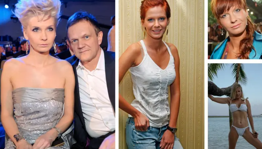 Cezary Pazura z żoną na zdjęciach. Widać jego żonę w różnych stylizacjach, od eleganckiej po plażową.