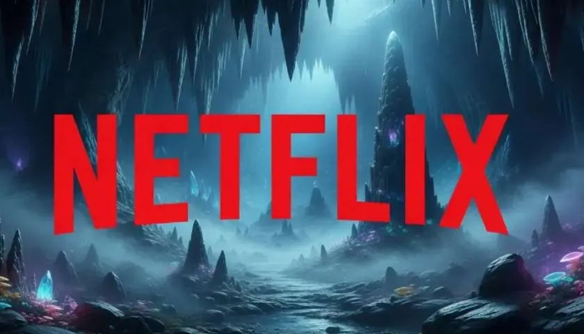 Ciemna, mistyczna jaskinia z kryształami i mgłą. Czerwony napis Netflix zaprasza do świata mega wciągających filmów.