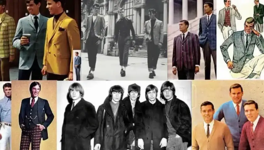 Moda lat 60. – stylowi mężczyźni w garniturach, marynarkach i swetrach.