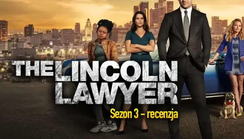 Główni bohaterowie serialu "Prawnik z Lincolna" pozują na tle miasta. Mickey Haller w garniturze, Maggie McPherson i Lorna Crane.