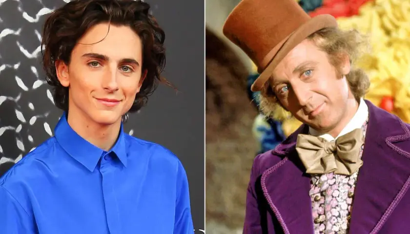 Timothée Chalamet jako Willy Wonka w "Charlie i fabryka czekolady 2023" obok Gene'a Wildera.