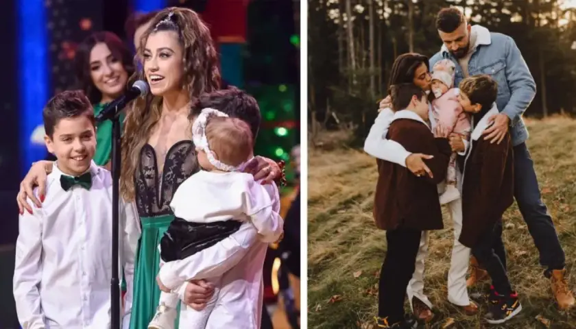 Maja Hyży z dziećmi na scenie i w lesie. Uśmiechnięty chłopiec obok niej, a na drugim zdjęciu czułe rodzinne objęcia.
