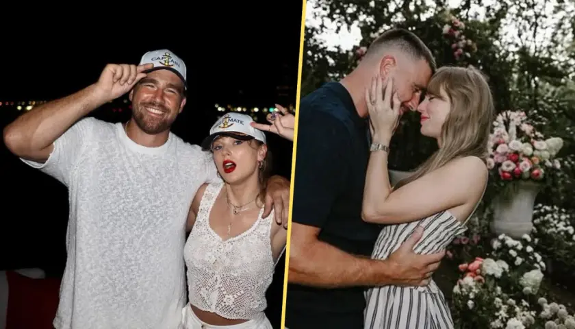 Taylor Swift i Travis Kelce w czapkach "Kapitan" i "Pierwszy Oficer". Po prawej, romantyczny moment pary wśród kwiatów.