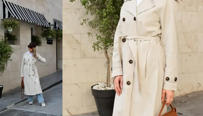 Eleganckie beżowy trencz stylizacje. Kobieta w beżowym płaszczu, białej koszuli i jeansach, z brązową torebką i czapką.