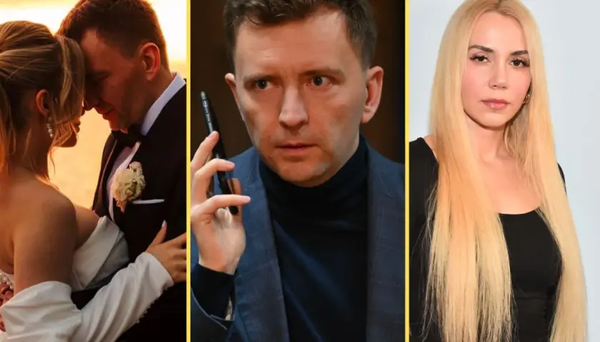 Łukasz Schreiber z żoną na ślubie, w środku mężczyzna z telefonem, po prawej blondynka.