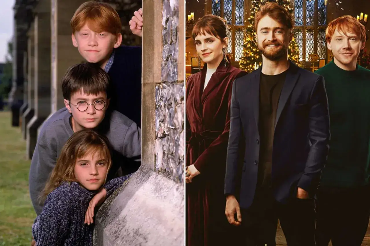 Harry Potter obsada: młodzi Daniel Radcliffe, Rupert Grint i Emma Watson obok dorosłych aktorów.